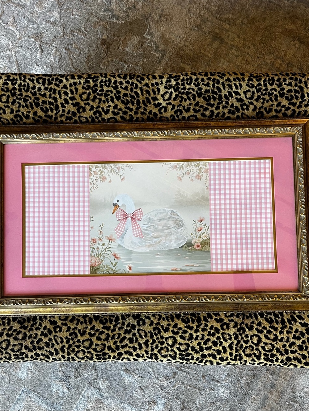 Coquette Swan Wall Art, Pink Gingham Print, VTG Ornate Gold Frame, 18.5X31.5”
